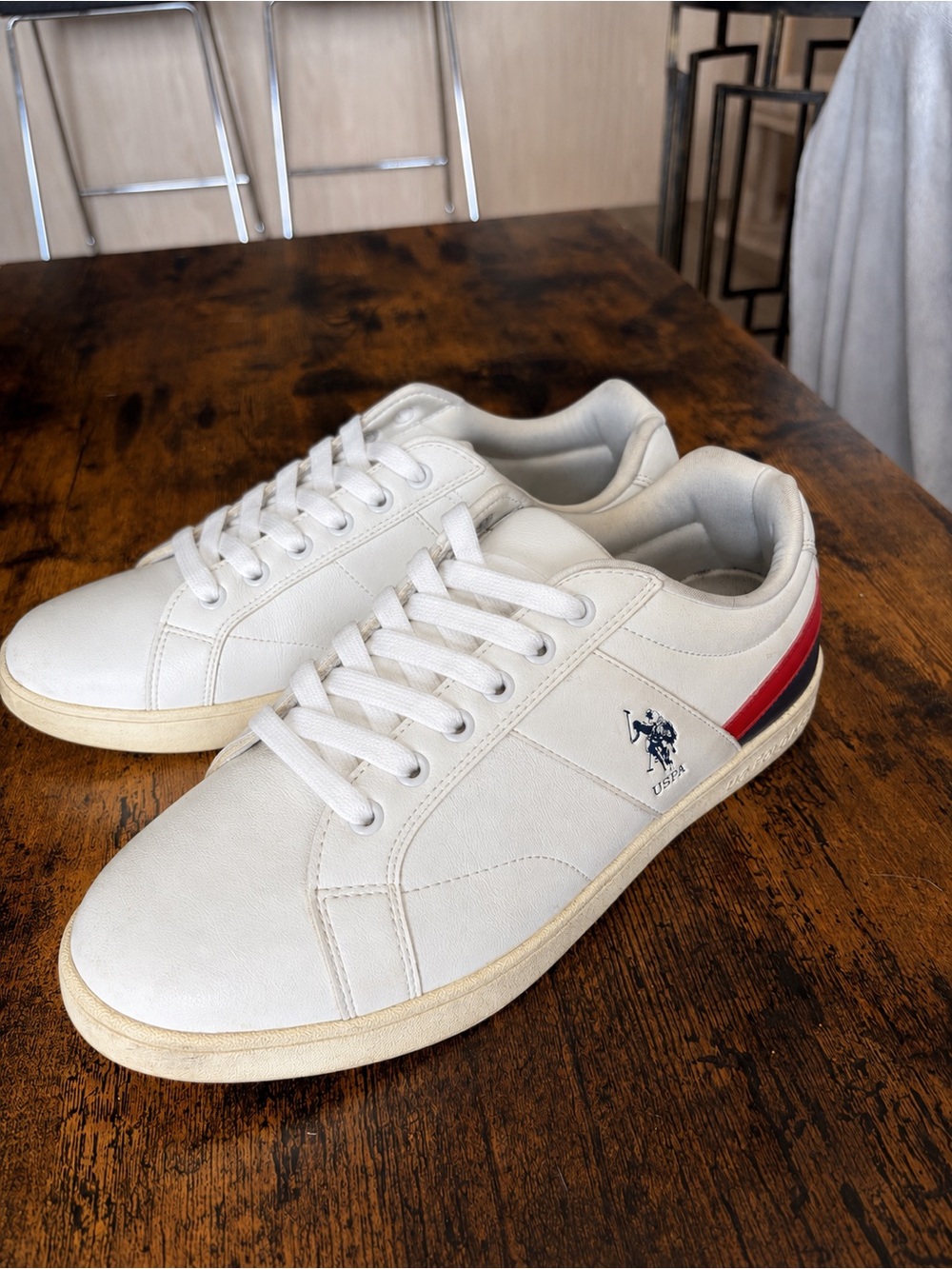 U.S. Polo Assn. Men's White Leather-Style Low-Top Sneakers with Red Accent